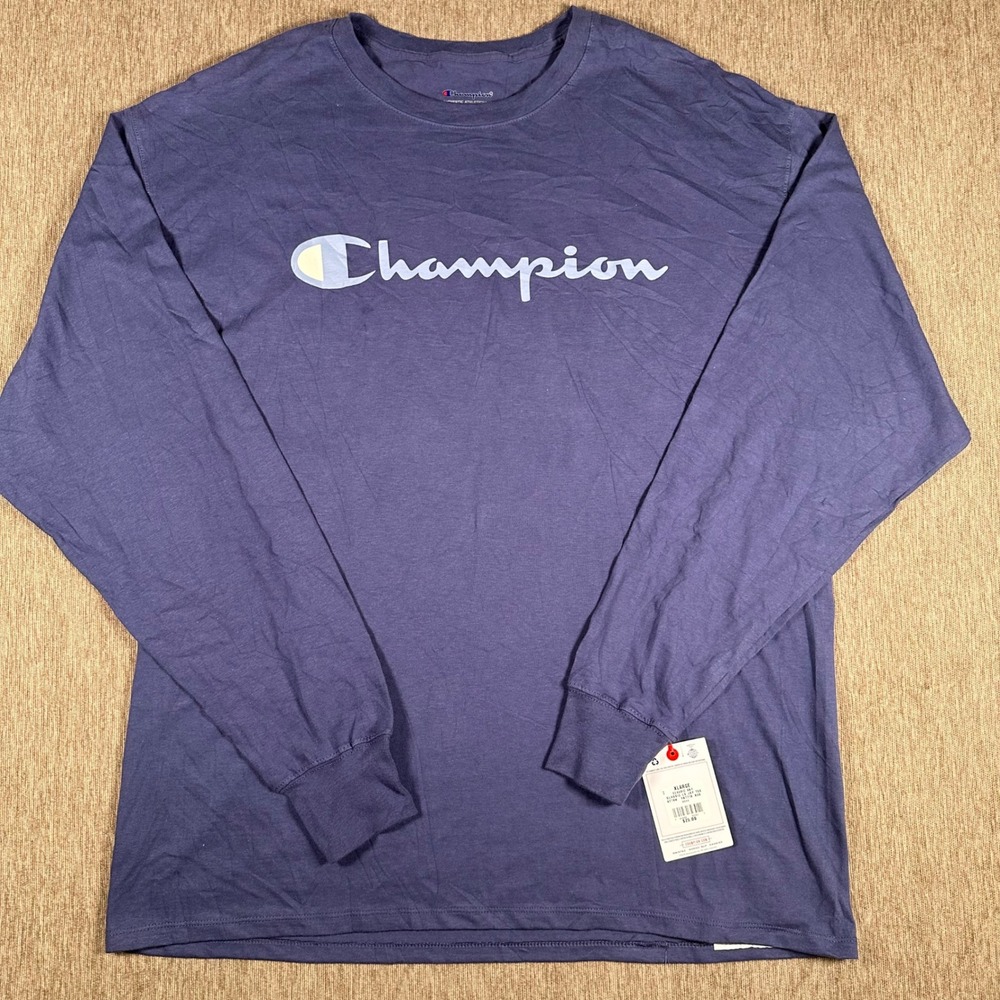 Champion Mens Classic Sky Blue Long Sleeve Script Logo Jersey Tee XL GT78H 930